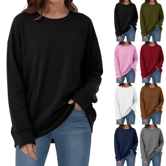Sevevn Women's Oversized Crewneck Sweatshirt Long Sleeve Casual Pullover Tunic Top with Side Pockets Loose Fit Soft Lightweight Everyday Basic Shirt for Work Travel Lounge Outdoor Streetwear Black XL