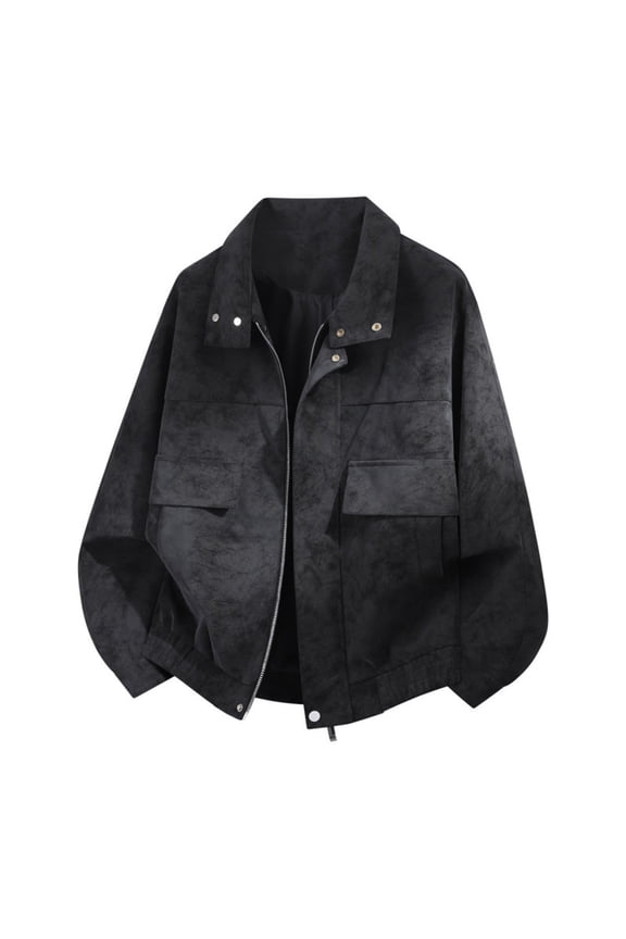 Women's Oversized Faux Suede Cargo Bomber Jacket Lapel Collar Zip Up Multi Pocket Elastic Hem Vintage Casual Outerwear Coat Black M