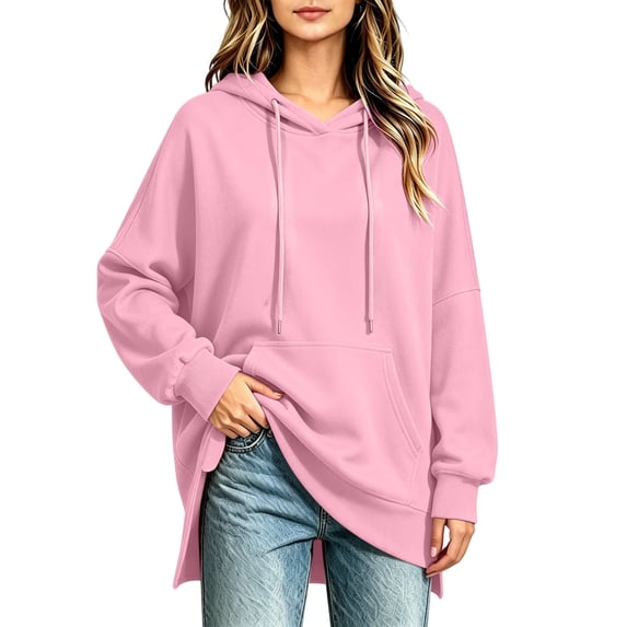 Sevevn Women's Oversized Hoodie Pullover Casual Side Split Drawstring Loose Long Sleeve Hooded Sweatshirt with Pocket Pink M