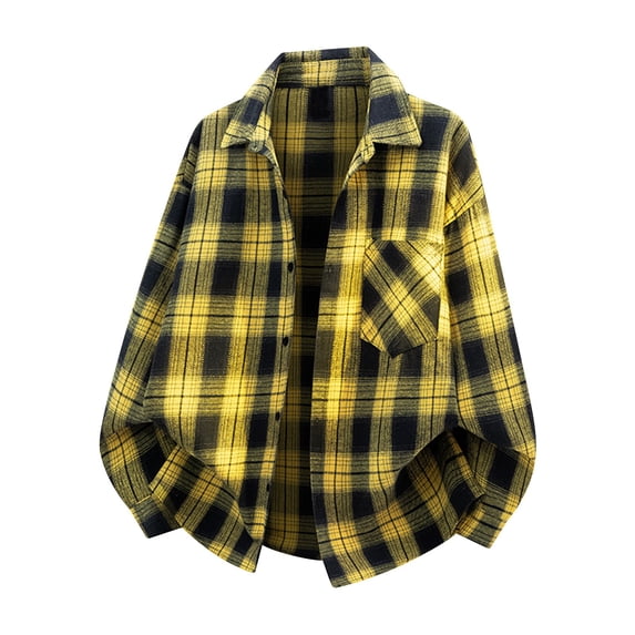 Sevevn Women's Oversized Plaid Flannel Shirt Jacket Long Sleeve Lapel Collar Tartan Button Down Shacket with Chest Pocket Casual Fall Outerwear Yellow 3XL