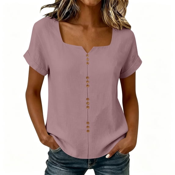 Sevevn Women's Partial Button Front Cotton Blend Shirt Notched Square Neck Cuffed Sleeve Relaxed Fit Summer Blouse Pink M
