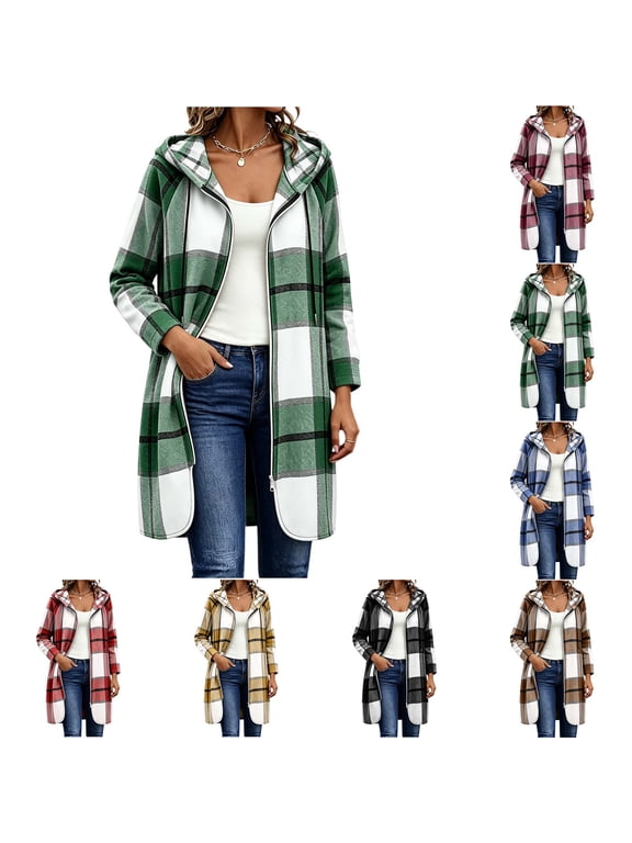 Women's Plaid Hooded Long Jacket Full Zip Long Sleeve Casual Mid Length Coat with Pockets Green S