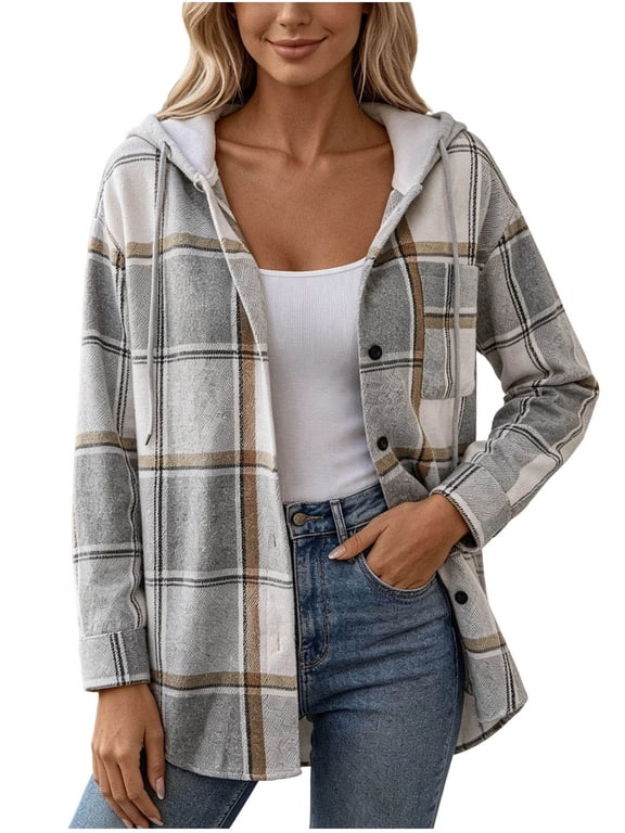 Women's Plaid Hooded Shirt Jacket Long Sleeve Button Front Shacket Casual Lightweight Oversized Coat with Drawstring Hood Soft Layering Outerwear for Fall Winter Travel Daily Wear