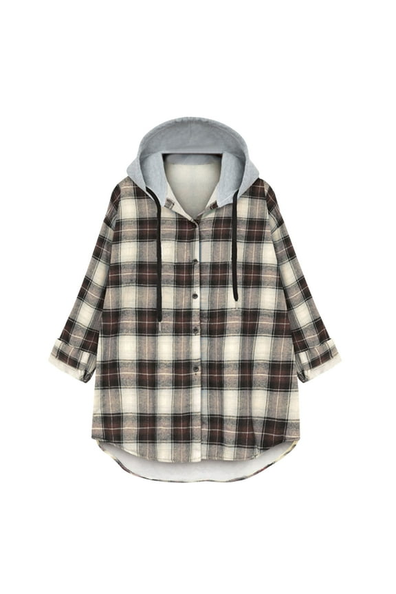 Women's Plaid Long Sleeved Shirt Hooded Jacket Button Straight Tube Thickened Fleece Lining Cardigan