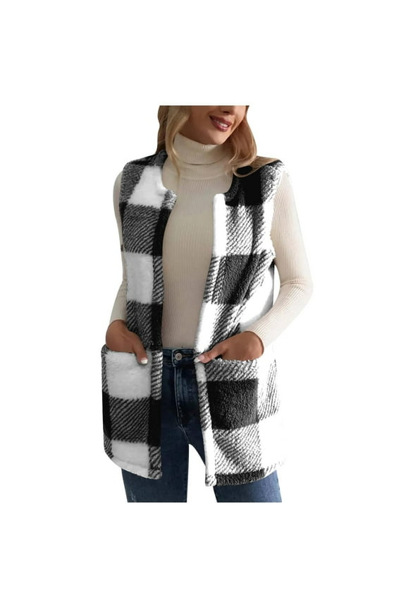 Women's Plaid Print Patch Patchwork Cardigans Pocket Sleeveless Cardigan Coat Tops Black XXL