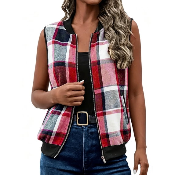 Sevevn Women's Plaid Zip Up Sleeveless Bomber Vest Ribbed Collar Short Waistcoat with Pockets Fall Casual Outerwear Red XL