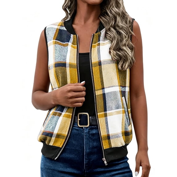 Sevevn Women's Plaid Zip Up Sleeveless Bomber Vest Ribbed Collar Short Waistcoat with Pockets Fall Casual Outerwear Yellow S