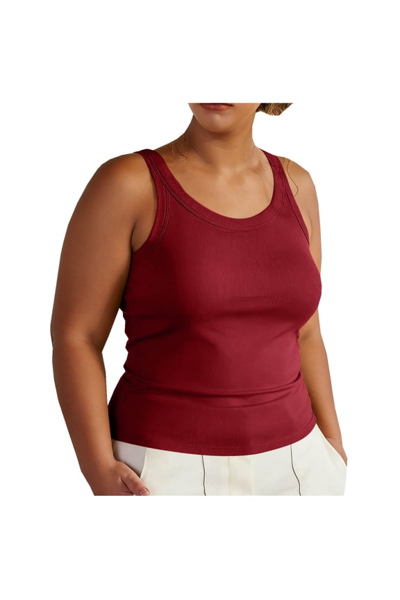 Women's Plus Size Built-in Bra Tank Tops Sleeveless Scoop Neck Ribbed Camisole with Removable Pads Red 3XL