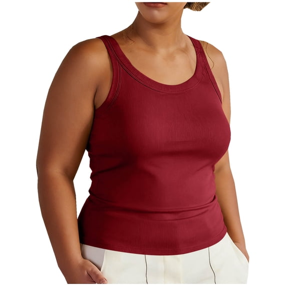 Sevevn Women's Plus Size Built-in Bra Tank Tops Sleeveless Scoop Neck Ribbed Camisole with Removable Pads Red L