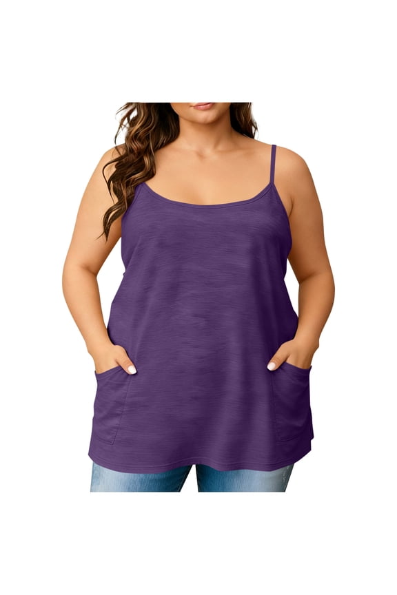Women's Plus Size Camisole Tank Tops Spaghetti Strap Scoop Neck Casual Tunic with Pockets Loose Fit Sleeveless Blouses Purple 2XL