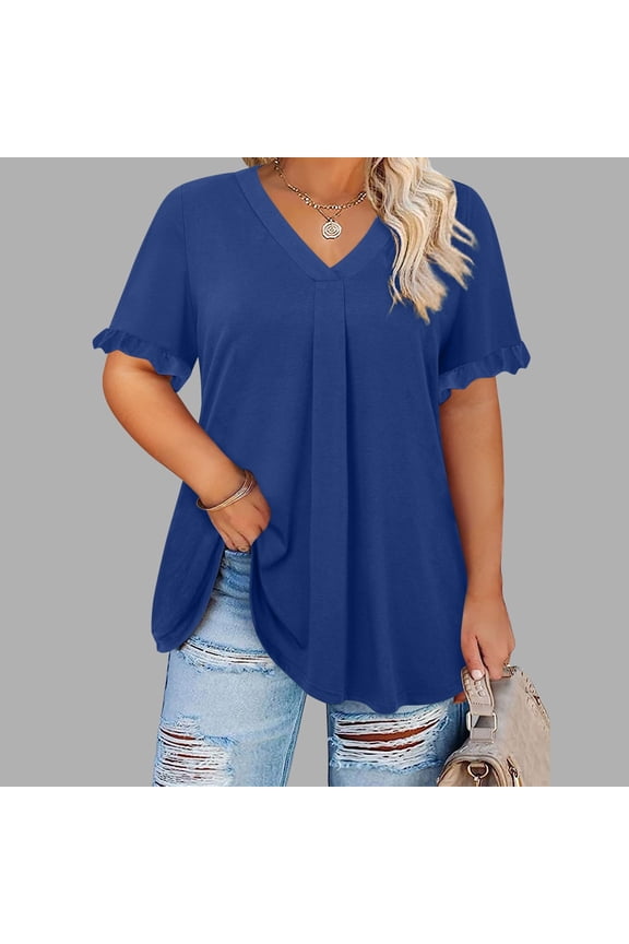 Women's Plus Size Fashion Casual Pullover Short Sleeve V Neck Button T Shirt Blouses Blue XL Beach Vacation Clothes for Women