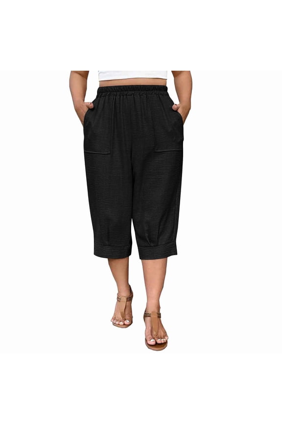 Women's Plus Size Linen Blend Capri Pants Elastic Waist Cropped Pants with Pockets Black M