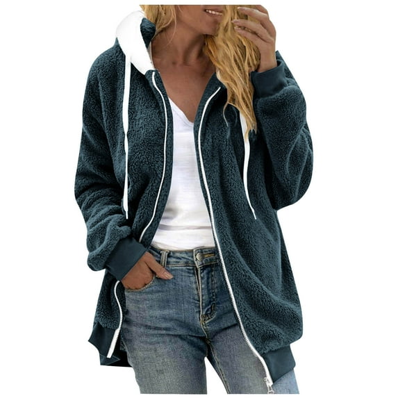 Sevevn Women's Plus Size Plush Jacket Winter Full Zipper Plush Hooded Cardigan Jacket Soft And Oversized Warm Jacket Navy L Up to 30% Off