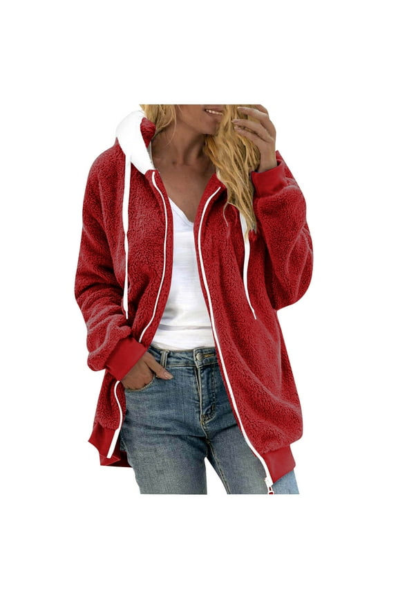 Women's Plus Size Plush Jacket Winter Full Zipper Plush Hooded Cardigan Jacket Soft And Oversized Warm Jacket Red S Rollbacks