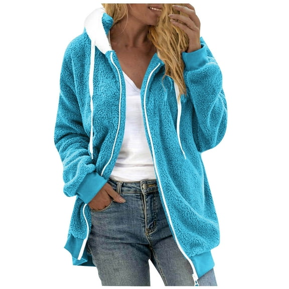 Sevevn Women's Plus Size Plush Jacket Winter Full Zipper Plush Hooded Cardigan Jacket Soft And Oversized Warm Jacket Sky Blue XXXL Family Gifts