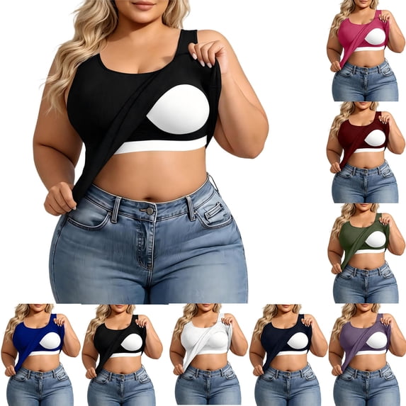 Sevevn Women's Plus Size Ribbed Crop Tank Top U-Neck Sleeveless Top with Built-in Bra Black 4XL