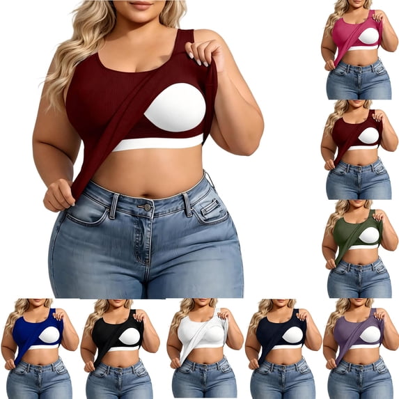 Sevevn Women's Plus Size Ribbed Crop Tank Top U-Neck Sleeveless Top with Built-in Bra Wine XL