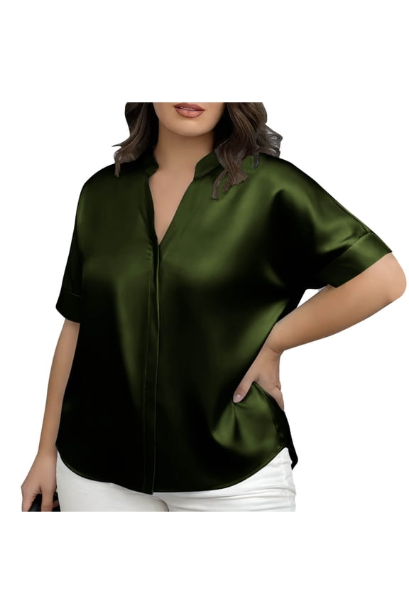 Women's Plus Size Short Sleeve Pullover Blouses V Neck Satin Silk Shirts Casual Loose Work Tunic Tops Army Green L