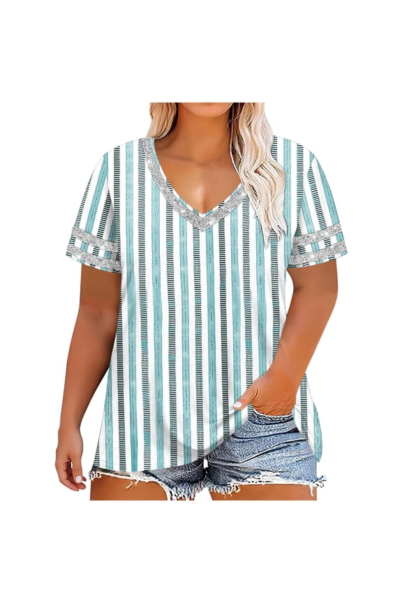 Women's Plus Size Striped T-Shirt V Neck Short Sleeve Tops Casual Loose Fit Blouses Army Green S