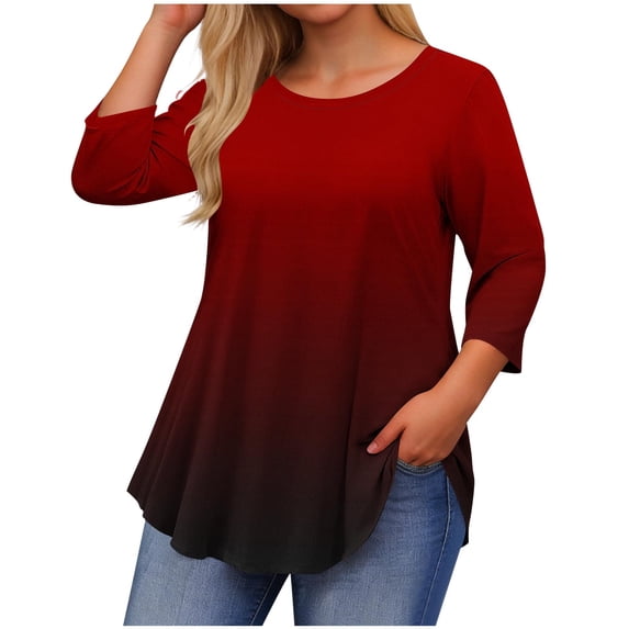 Sevevn Women's Plus Size Tunic 3/4 Sleeve Gradient Casual Blouse Loose Fit Flowy Shirt Red 3XL