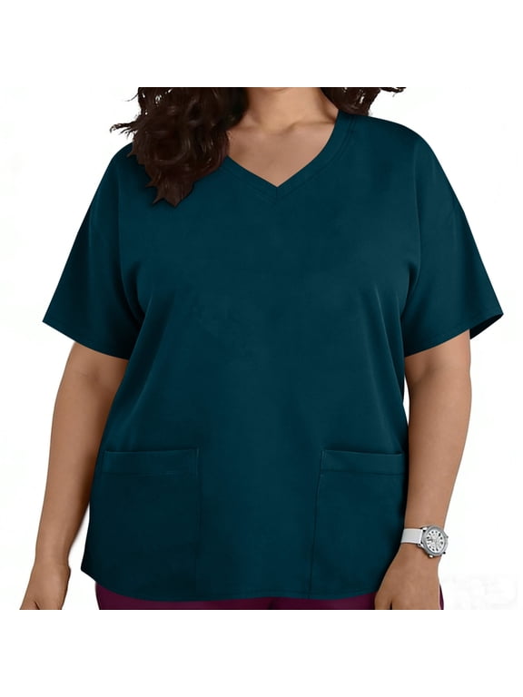 Women's Plus Size V-Neck Scrub Top Short Sleeve Work Uniform with Pockets Navy 5XL