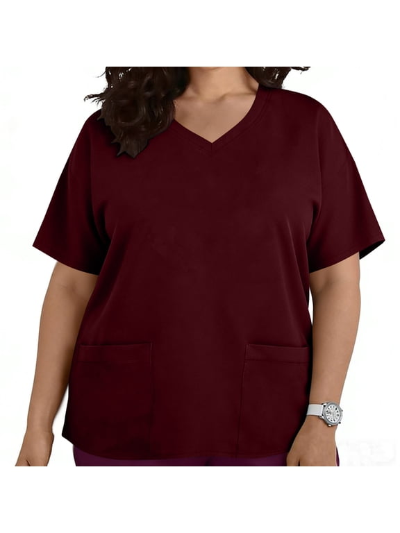 Women's Plus Size V-Neck Scrub Top Short Sleeve Work Uniform with Pockets Wine 3XL