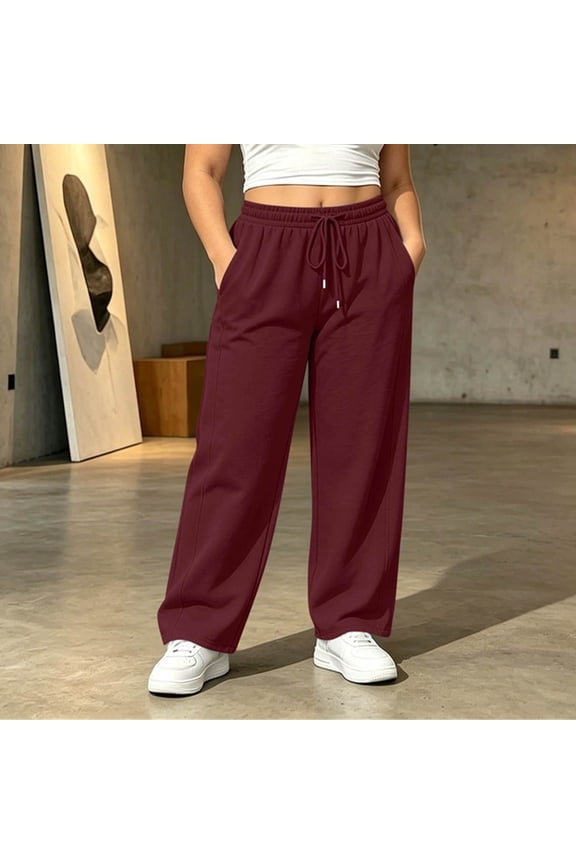 Women's Plus Size Wide Leg Sweatpants Drawstring Elastic High Waist Casual Full Length Trousers with Pockets Wine XXXL