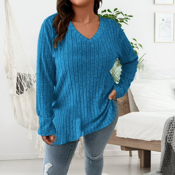 Sevevn Women's Plus Size Winter New Trendy Fashion Solid Color Groove Brushed Long Sleeve V-Neck Tunic Dressy Top Blue XXL