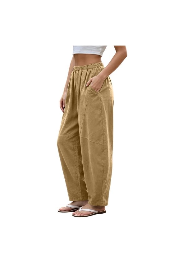 Women’s Pre-Shrunk Linen-Look Loose Fit Harem Pants Elastic Waist Casual Ankle Trousers with Side Pockets