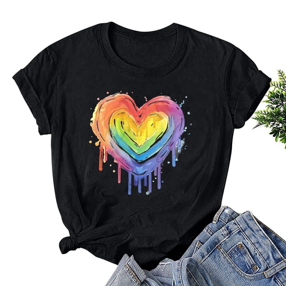Sevevn Women's Printed Round Neck Short Sleeved T-shirt Loose Casual Top Black Womens T-shirt