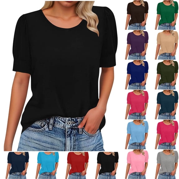 Sevevn Women’s Puff Sleeve T-Shirt Casual Summer Short Sleeve Top Loose Fit Blouse for Daily Wear Black M