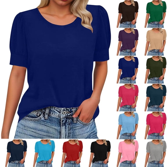 Sevevn Women’s Puff Sleeve T-Shirt Casual Summer Short Sleeve Top Loose Fit Blouse for Daily Wear Blue XXL