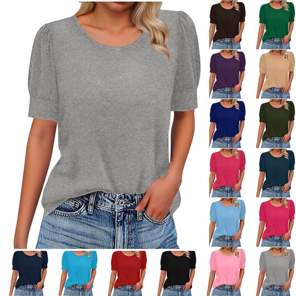 Sevevn Women’s Puff Sleeve T-Shirt Casual Summer Short Sleeve Top Loose Fit Blouse for Daily Wear Gray S