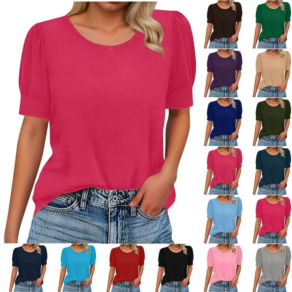 Sevevn Women’s Puff Sleeve T-Shirt Casual Summer Short Sleeve Top Loose Fit Blouse for Daily Wear Hot Pink S