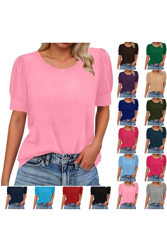 Women’s Puff Sleeve T-Shirt Casual Summer Short Sleeve Top Loose Fit Blouse for Daily Wear Pink S