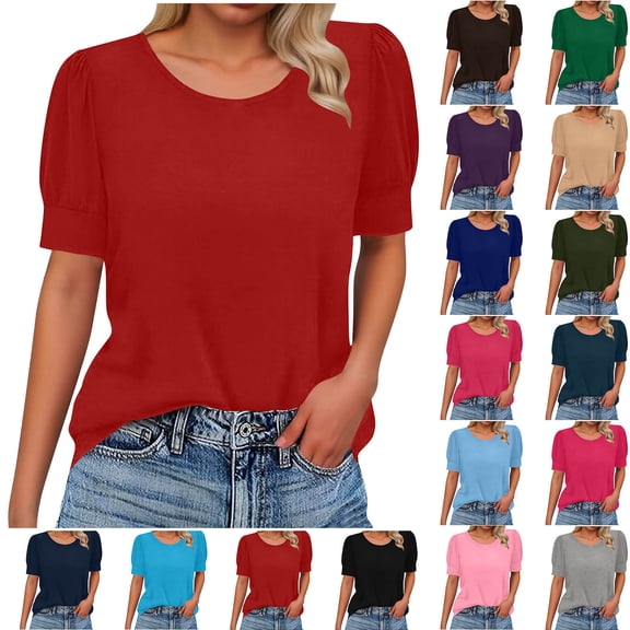 Sevevn Women’s Puff Sleeve T-Shirt Casual Summer Short Sleeve Top Loose Fit Blouse for Daily Wear Red XXL
