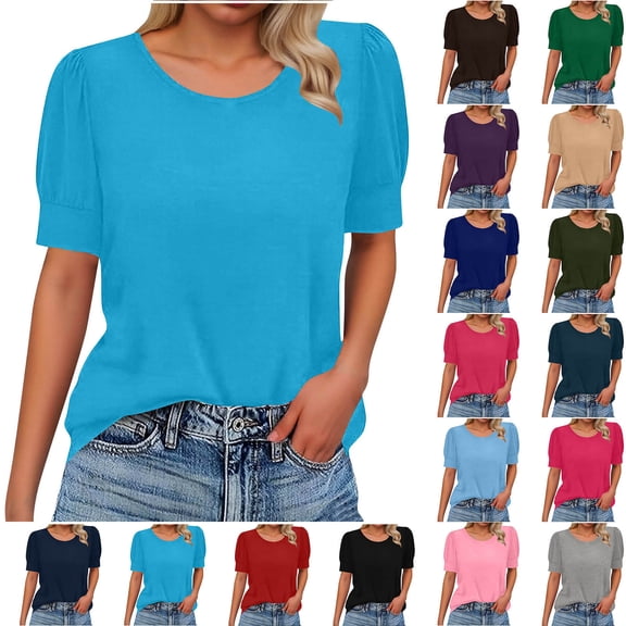 Sevevn Women’s Puff Sleeve T-Shirt Casual Summer Short Sleeve Top Loose Fit Blouse for Daily Wear Sky Blue S