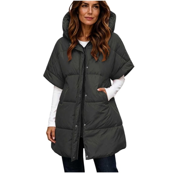 Sevevn Women's Puffer Vest Zip Up Mid‑Length Quilted Sleeveless Hooded Puffer Coat Fall Winter Outerwear Dark Gray M