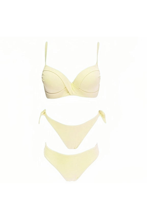 Women's Push Up Bikini Set 3 Piece Twisted Front Top with Side Tie and Regular Bottom Two Piece Swimsuit Yellow M