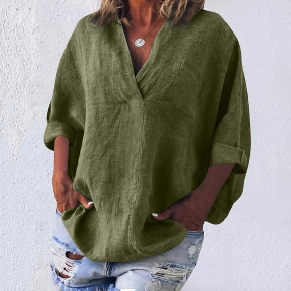Sevevn Women's Quarter Sleeve Casual Lapel Solid Color 3/4 Sleeve T-shirt Blouse Top Army Green M Gift for Girls