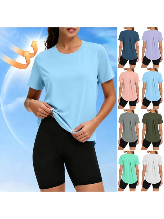 Women's Quick Dry Athletic Tee Crew Neck Back Split Pleat Lightweight Loose Short Sleeve Yoga Shirt Light Blue L
