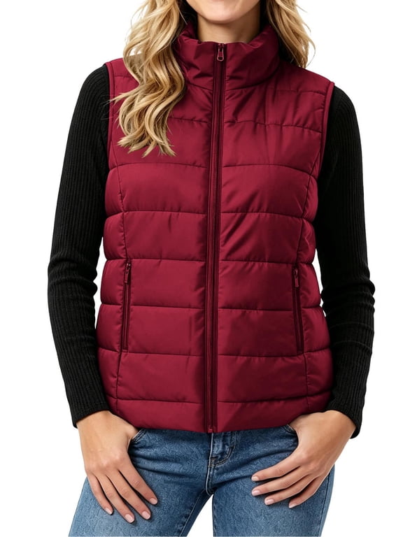 Women's Quilted Puffer Sleeveless Vest Stand Collar Zip‑Up Lightweight Padded Gilet with Zipper Pockets Fall Winter Outerwear Wine M
