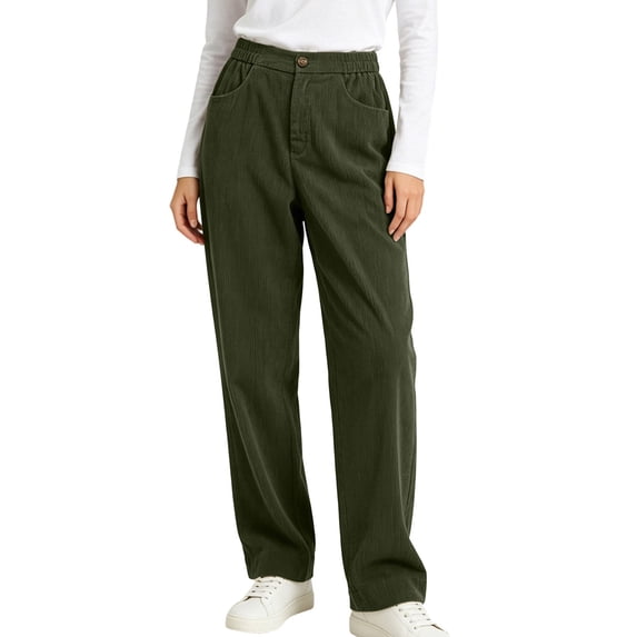 Sevevn Women's Relaxed Corduroy Trousers High Rise Partial Elastic Waist Single Button Wide Leg Pants with Pockets Cozy Thick Fabric All Match Everyday Outfits