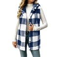 thumbnail image 1 of Sevevn Women's Reversible Buffalo Plaid Fleece Hooded Vest Sleeveless Button Down Mid-Length Sherpa Lined Check Gilet Casual Winter Outerwear Blue L, 1 of 9
