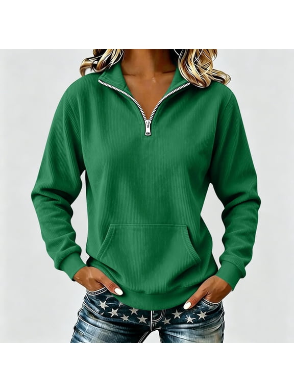 Women's Ribbed Half Zip Sweatshirt Stand Collar Long Sleeve Pullover Top with Pocket Green 2XL