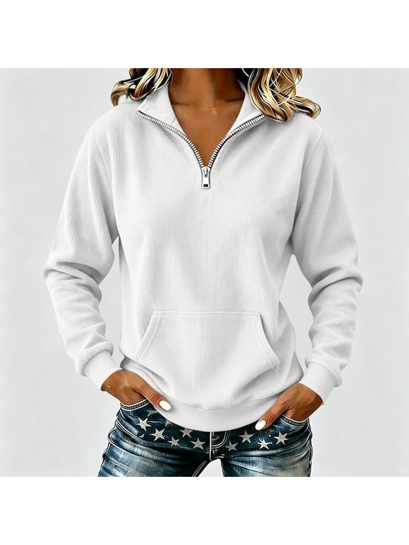 Women's Ribbed Half Zip Sweatshirt Stand Collar Long Sleeve Pullover Top with Pocket White M