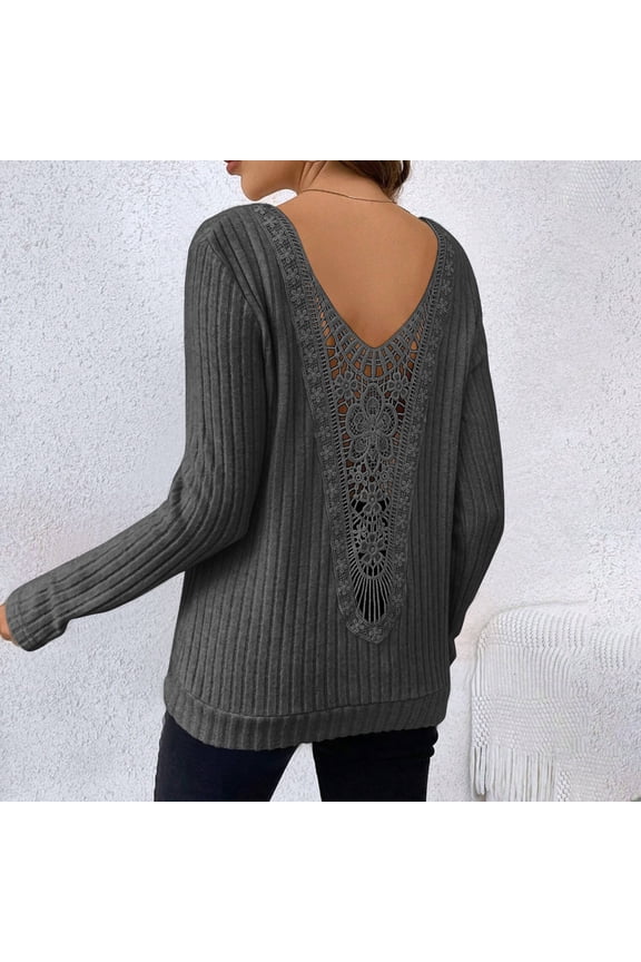 Women's Ribbed Knit Crew Neck Pullover Lace Low Back Cutout Solid Color Slim Long Sleeves Tunic Dressy Top Black L