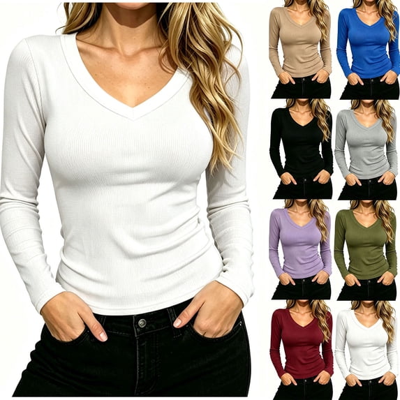 Sevevn Women's Ribbed Long Sleeve V Neck T Shirt Slim Fit Casual Basic Knit Top Stretchy Lightweight Pullover Blouse Everyday Fashion Tee for Work Travel