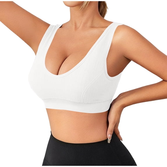 Sevevn Women's Ribbed Wireless Sports Bra V-Neck Full Coverage Comfort Bralette Wide Strap Support Everyday Underwear