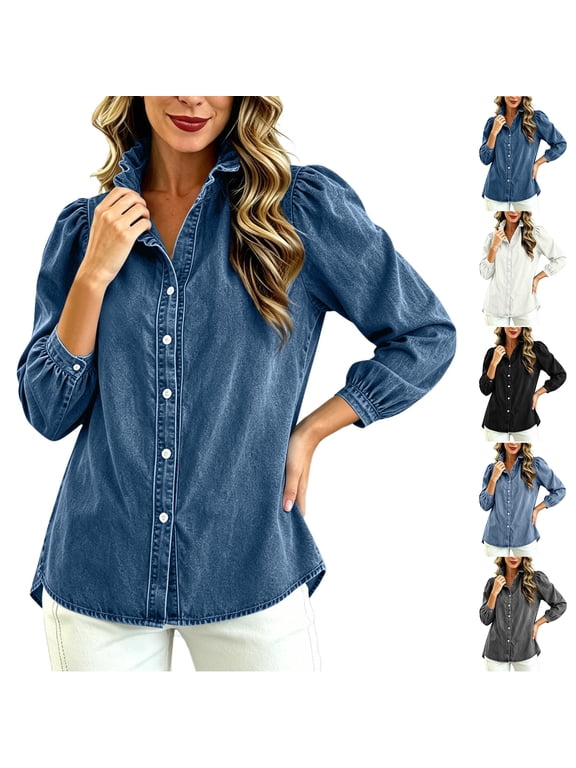 Women's Ruffle Collar Denim Shirt Puff Long Sleeve Button Down Blouse Loose Casual Jean Tops Blue S